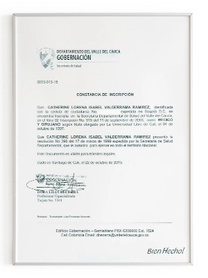 Dra Catherine Valderrama | Certificación de la gobernación del Valle para ejercer como Médico.